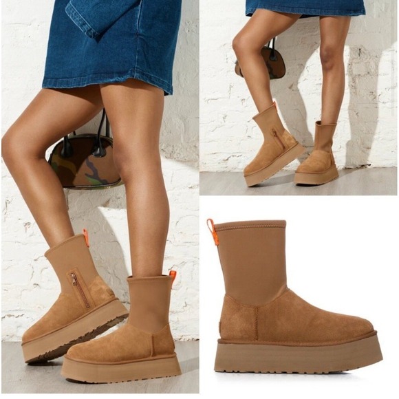 UGG WOMEN'S CLASSIC DIPPER Platform SUEDE SHEARLING LINED BOOTS CHESTNUT US 10 - Picture 2 of 16